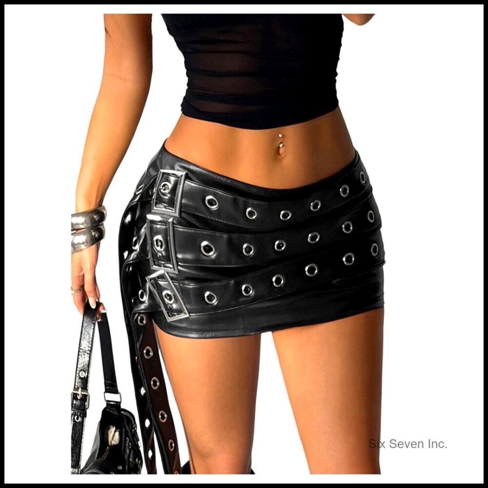 PU Leather Bodycon Mini Skirt with Buckle Grommet Eyelet Summer Party - Picture 1 of 5